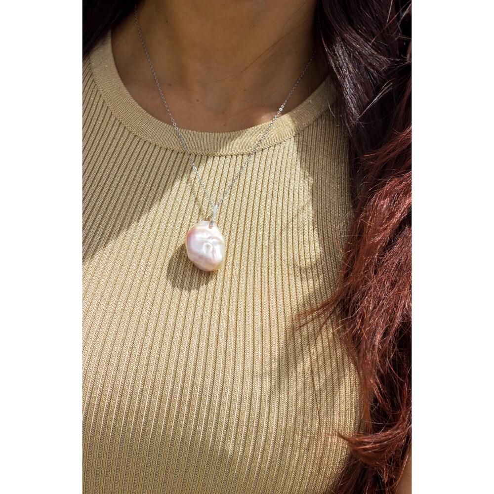 Large Pink Flat Pearl Pendant Necklace Sterling Silver